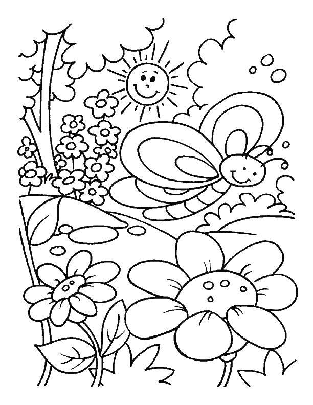 Название: Раскраска Весенний луг. Категория: Весна. Теги: луг, солнце, цветы, бабочка.
