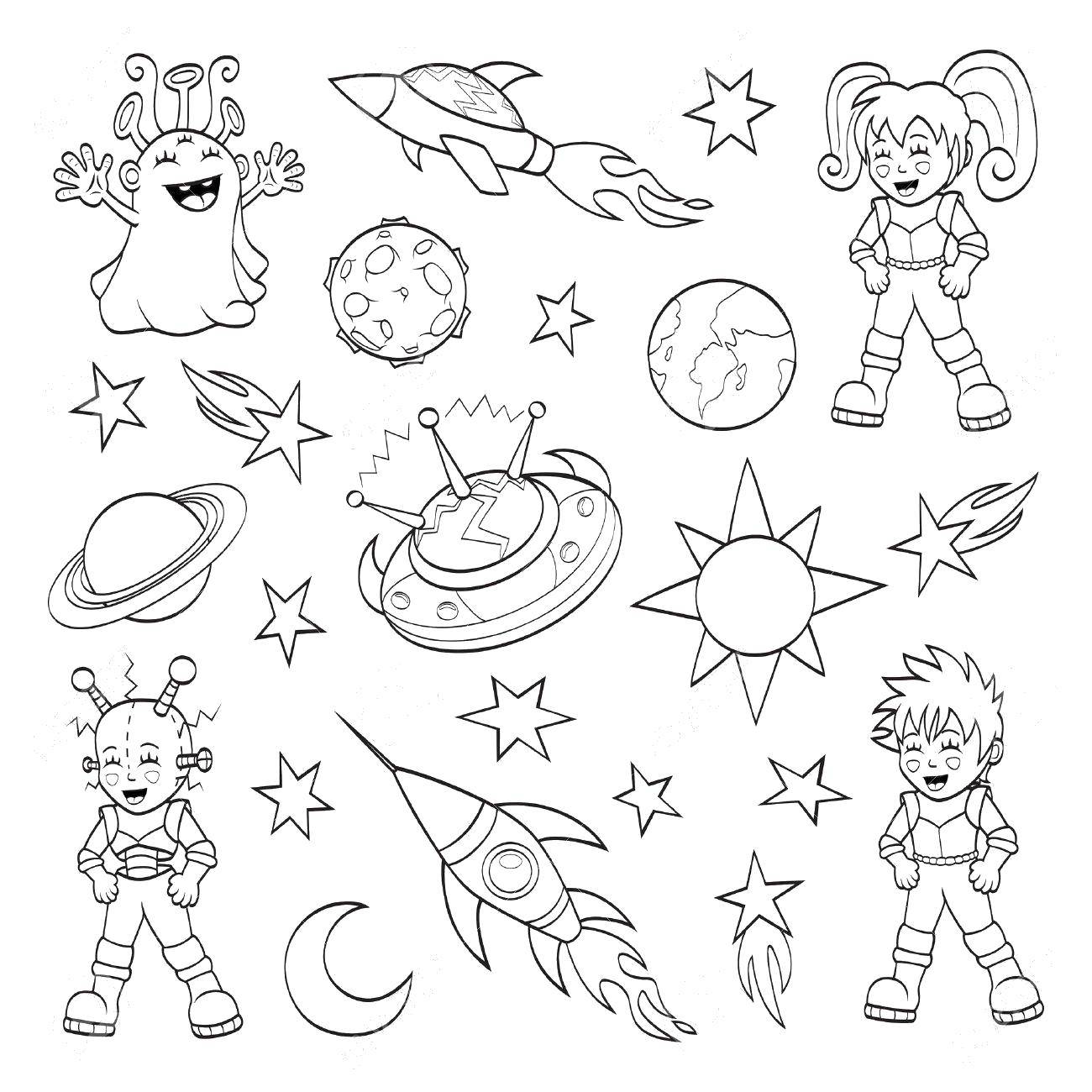 Coloring Space stuff. Category Space. Tags:  Space, aliens, stars, rocket, planet, astronaut, universe.