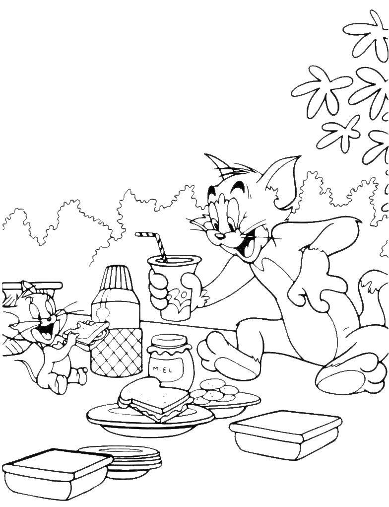 Coloring Tom and Jerry picnic. Category the food. Tags:  picnic, Tom.