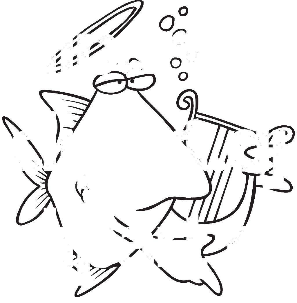 Название: Раскраска Рыба играет на арфе. Категория: Контуры из мультфильмов. Теги: рыба, арфа.