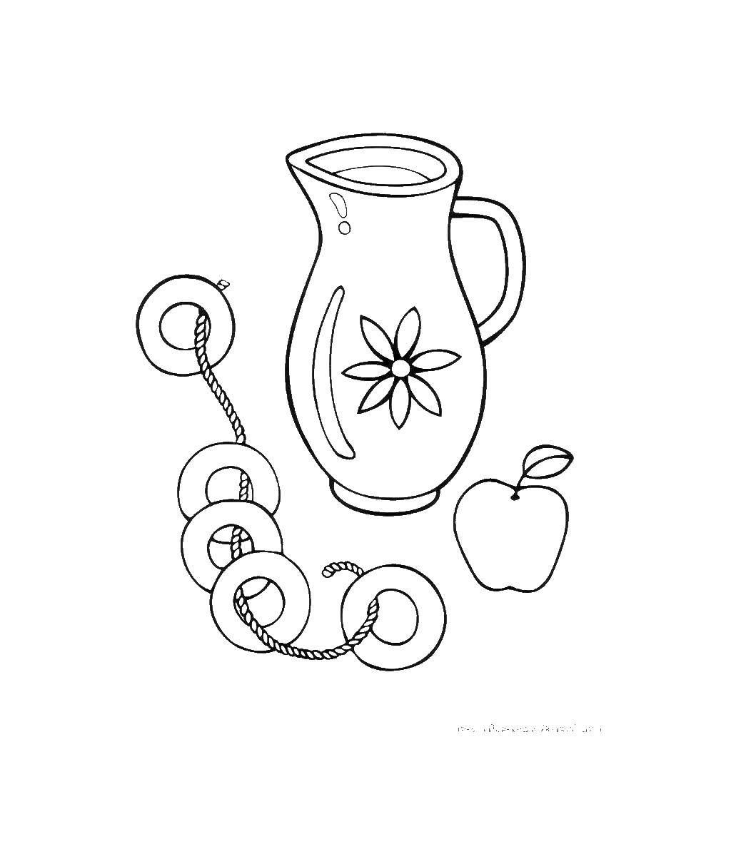 Coloring Pitcher with apples. Category coloring, buttermilk. Tags:  jug, Apple.