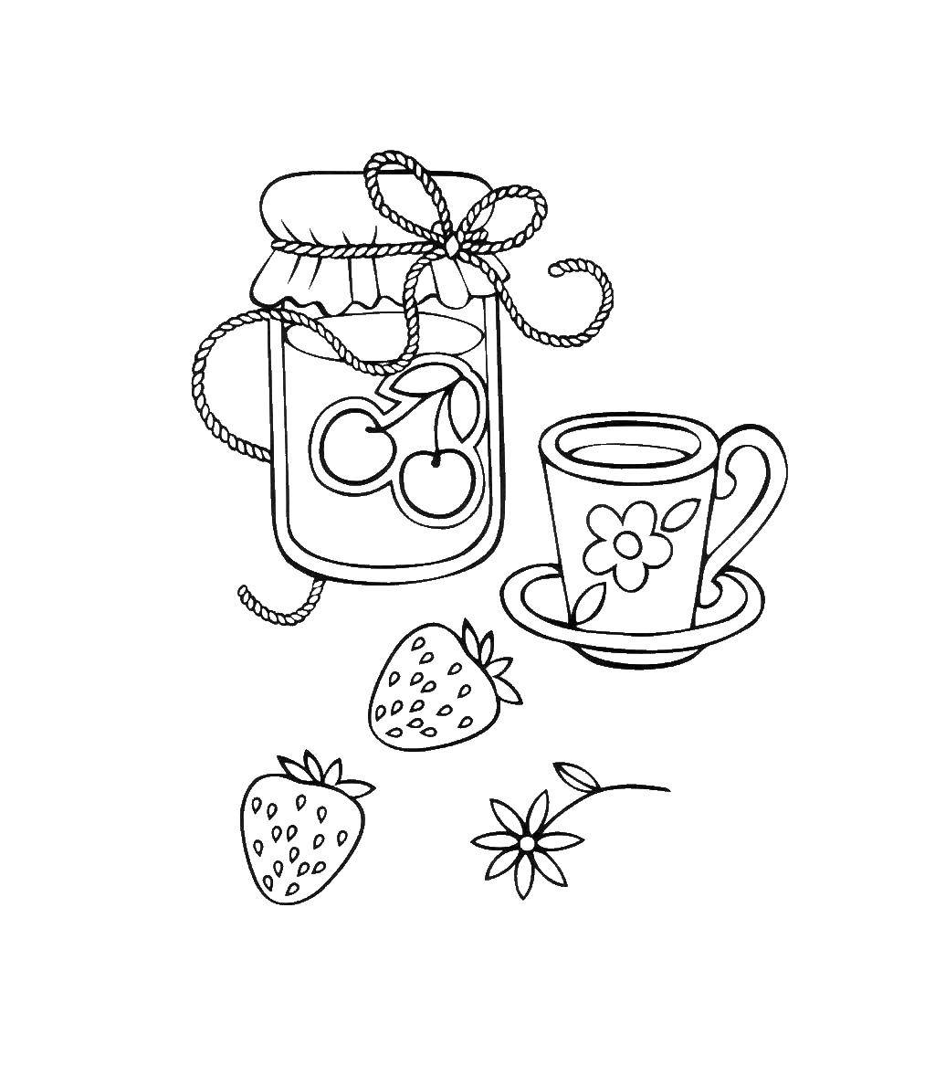 Название: Раскраска Вишневое варенья с чаем. Категория: раскраски простоквашино. Теги: чай, вишня.