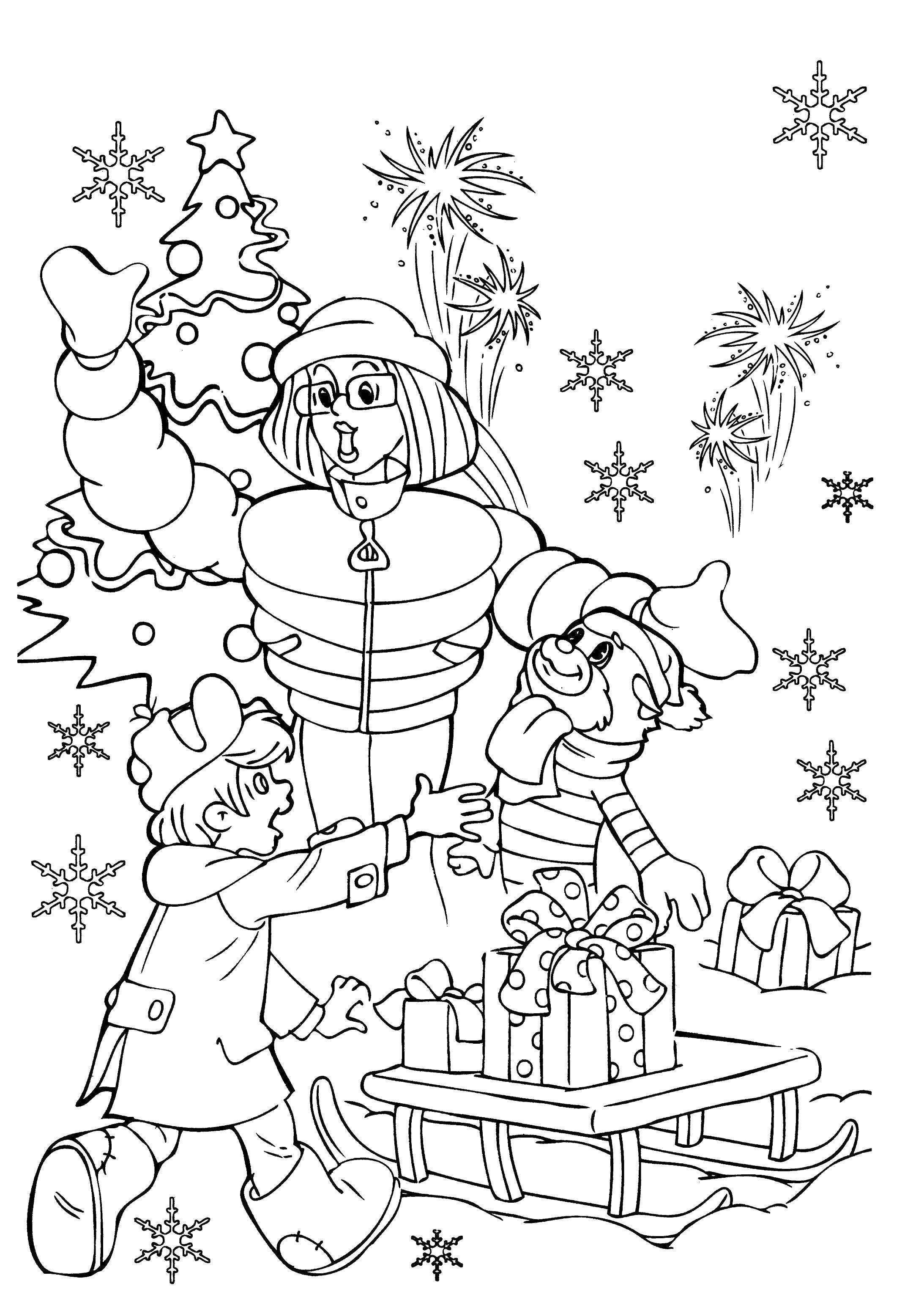 Coloring The cat Matroskin, uncle Fyodor and mom for the new year. Category coloring, buttermilk. Tags:  the cat Matroskin, dog Sharik, Uncle Theodore, mother.
