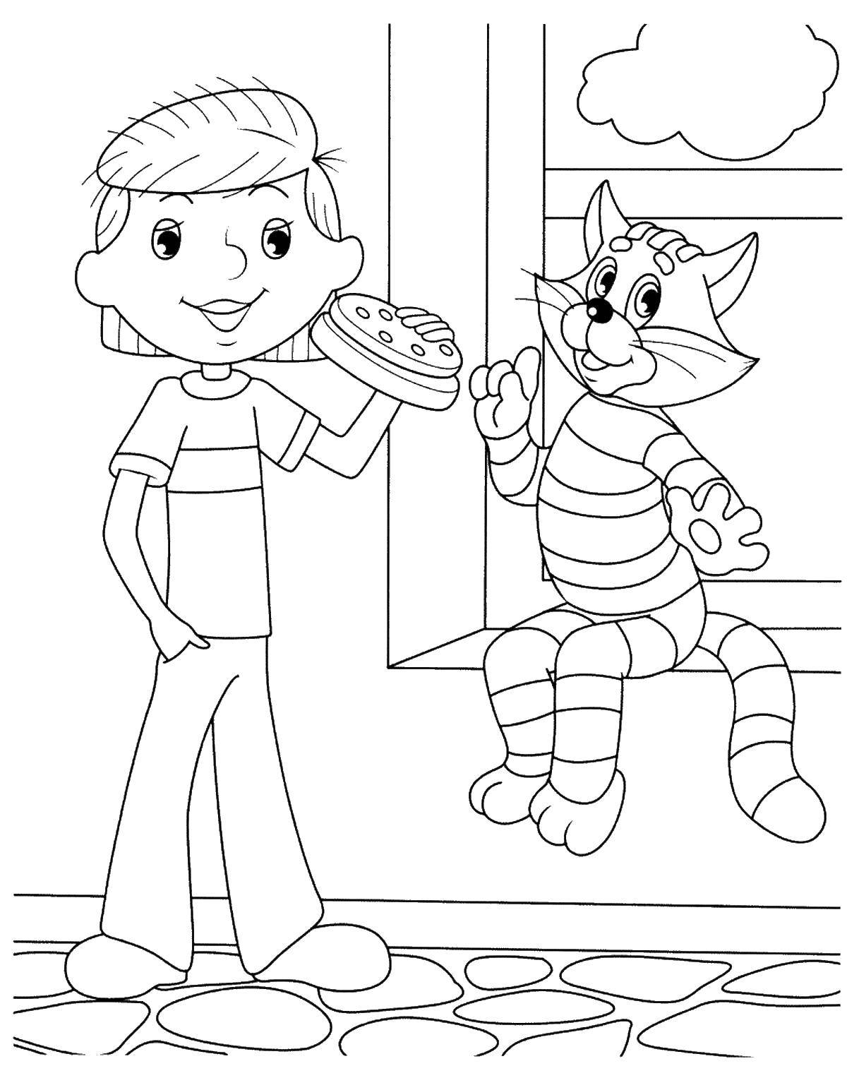 Coloring Kot Matroskin and uncle Fedor in the entrance. Category coloring, buttermilk. Tags:  the cat Matroskin, dog Sharik, Uncle Fyodor.