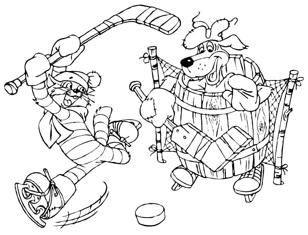 Название: Раскраска Кот матроскин и пес шарик играют в хоккей. Категория: раскраски простоквашино. Теги: кот Матроскин, пес Шарик.