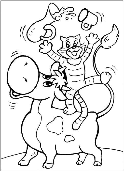 Название: Раскраска Кот матроскин катается на теленке гаврюша. Категория: раскраски простоквашино. Теги: теленок гаврюша.