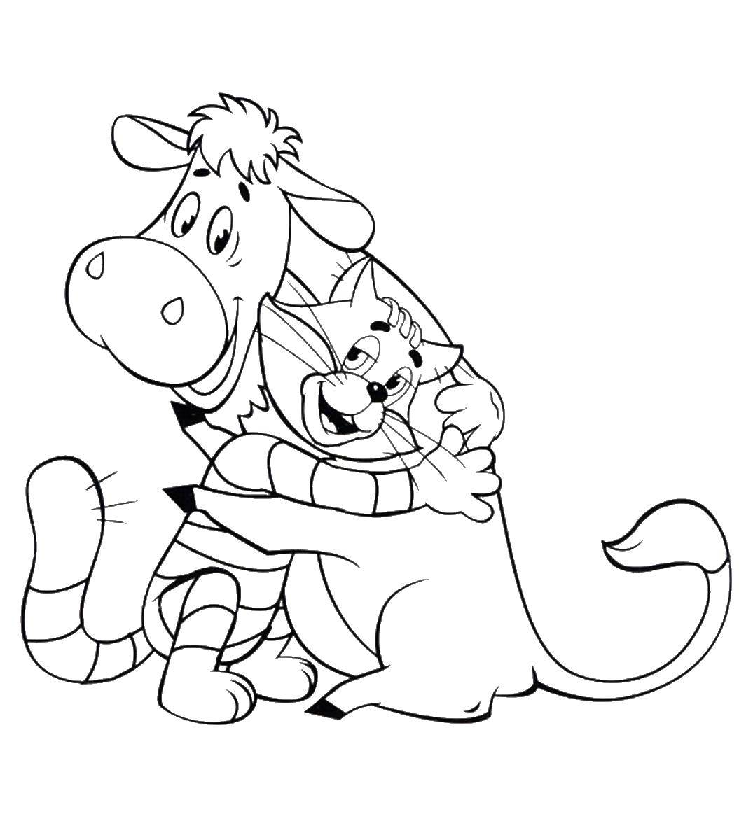 Название: Раскраска Кот матроскин обнимает теленка гаврюша. Категория: раскраски простоквашино. Теги: кот Матроскин, теленок гаврюша.