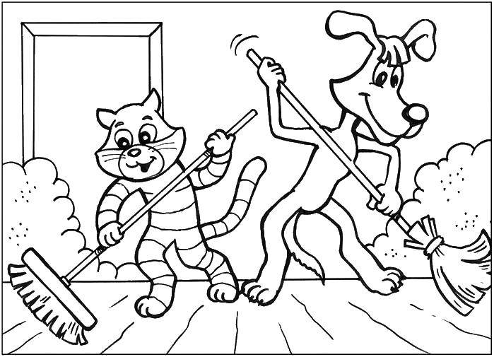 Название: Раскраска Кот матроскин , пес шарик подметают дом. Категория: раскраски простоквашино. Теги: кот Матроскин , пес Шарик и дядя Федор.
