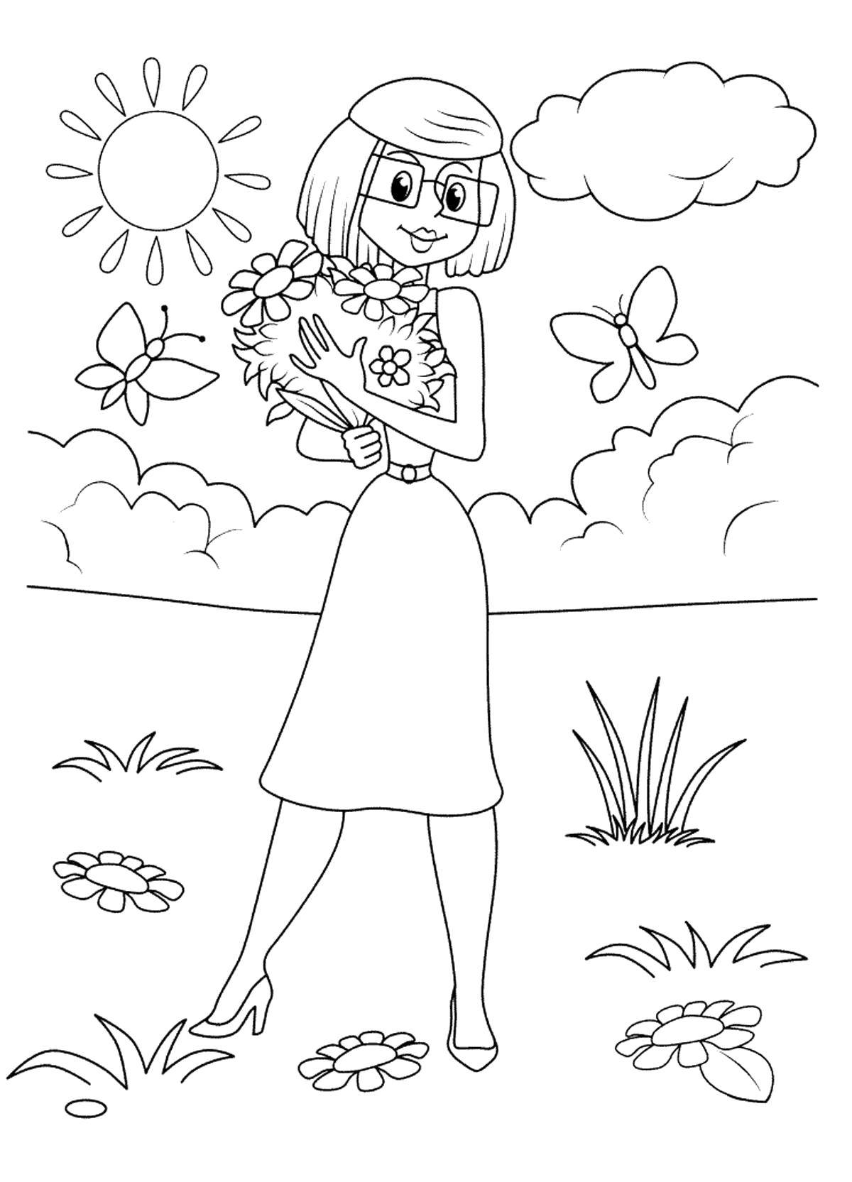 Название: Раскраска Мама дяди фёдора собрала цветочков. Категория: раскраски простоквашино. Теги: Персонаж из мультфильма, Простоквашино .