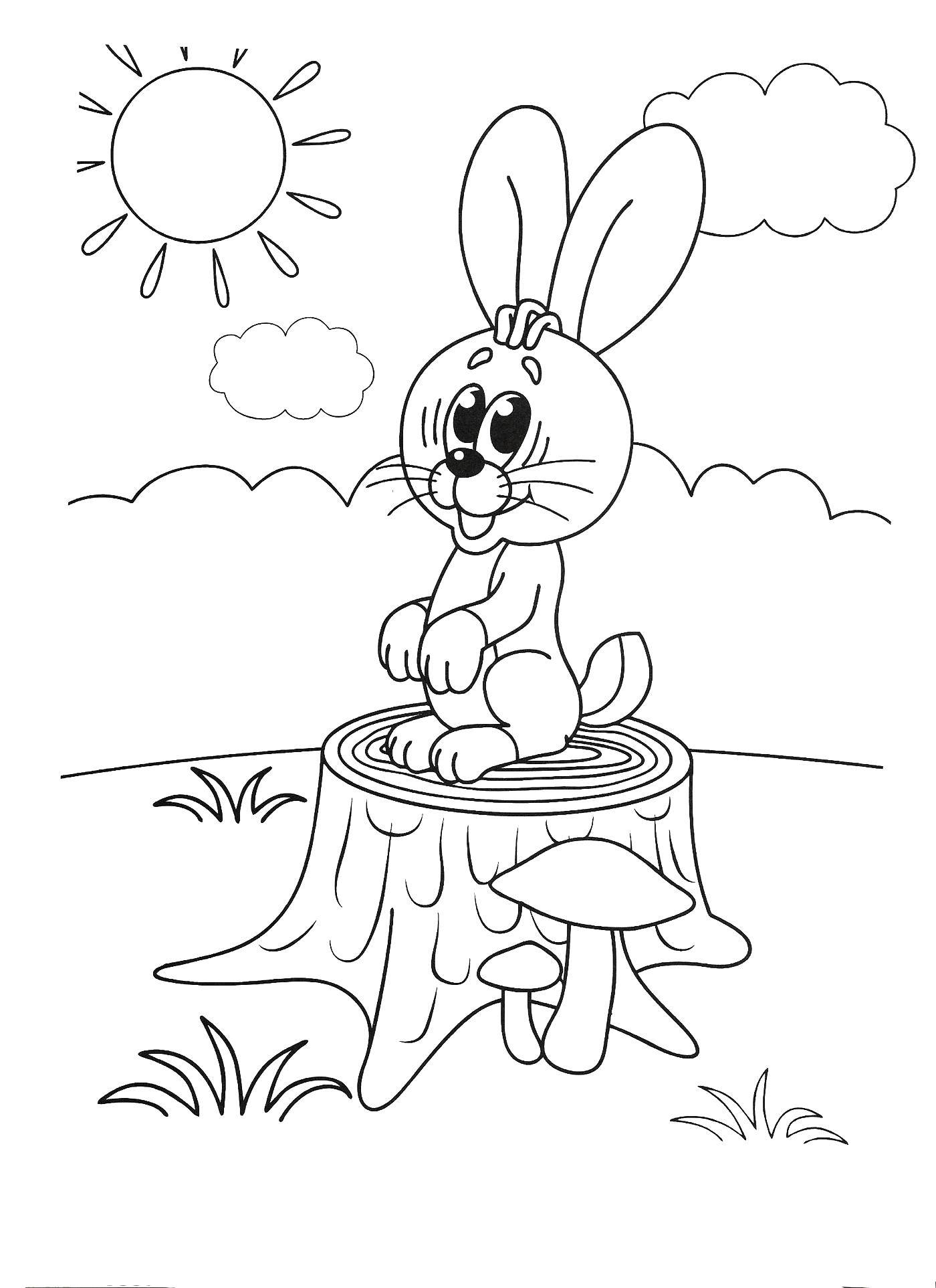 Coloring Bunny on tree stump. Category coloring for little ones. Tags:  Animals, Bunny.