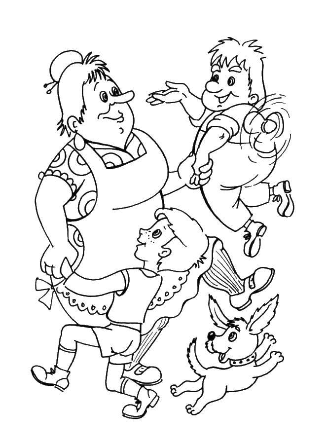 Название: Раскраска Фрекен бок, карлсон, щеночек и малыш. Категория: раскраски карлсон. Теги: Персонаж из мультфильма, Малыш и Карлсон .