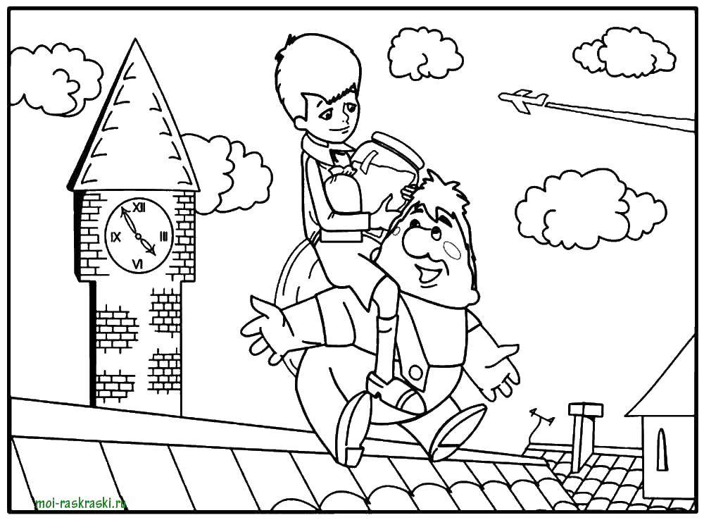 Название: Раскраска Карлсон и малыш играют на крыше. Категория: раскраски карлсон. Теги: карлсон, малыш.