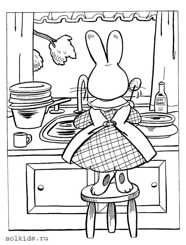 Название: Раскраска Заяц моет посуду. Категория: посуда. Теги: заяц, посуда.