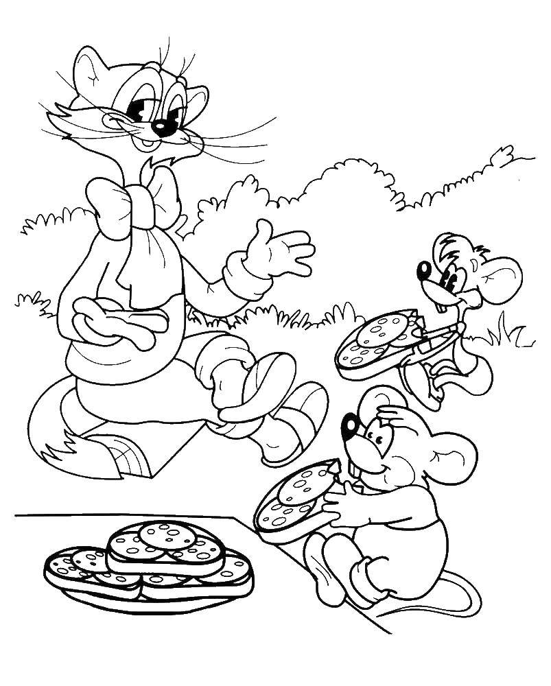 Розмальовки  Кіт леопольд і миші їдять ковбасу. Завантажити розмальовку Кіт леопольд.  Роздрукувати ,розмальовки кіт леопольд,