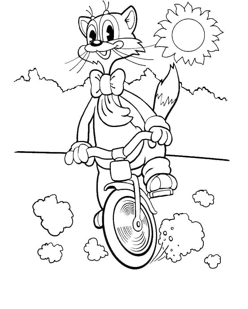 Название: Раскраска Кот леопольд на велосипеде. Категория: раскраски кот леопольд. Теги: Кот, леопольд.