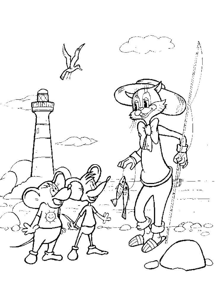 Coloring Mice and cat Leopold on a fishing trip. Category coloring cat Leopold. Tags:  The cat, Leopold.