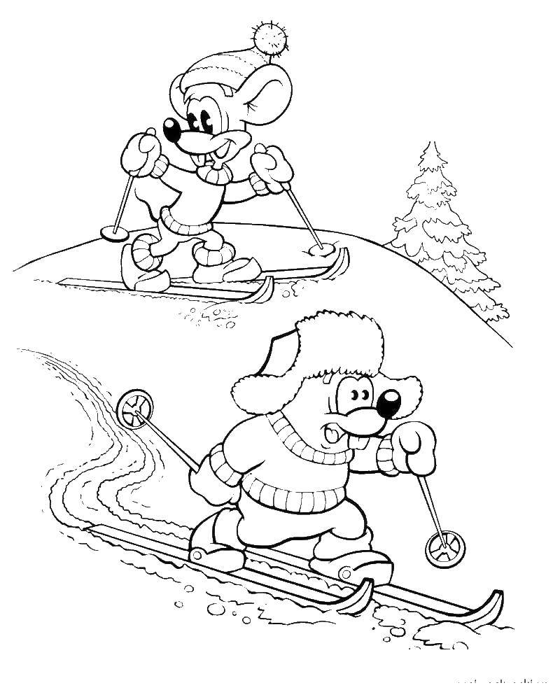 Название: Раскраска Мыши катаютжся на лыжах. Категория: раскраски кот леопольд. Теги: мыши, кот, леопольд.