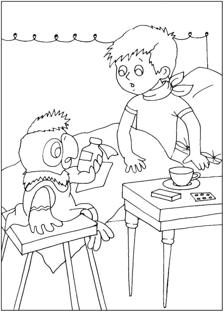 Название: Раскраска Попугай кеша лечит мальчиков. Категория: раскраски попугай кеша. Теги: Персонаж из мультфильма, Попугай Кеша.