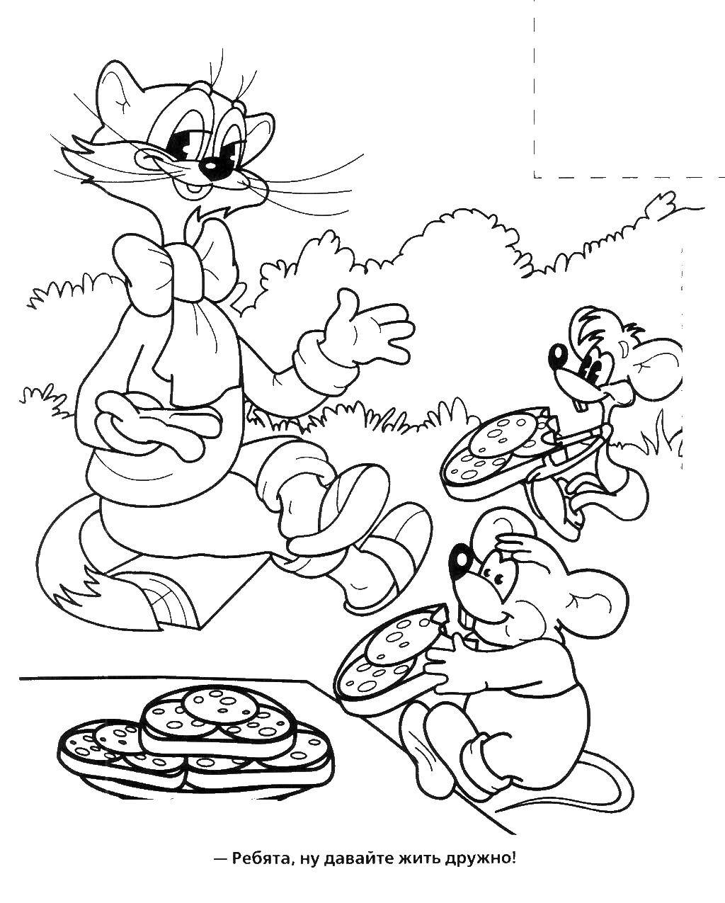 Розмальовки  Кіт леопольд та миші на пікніку. Завантажити розмальовку кіт леопольд.  Роздрукувати ,розмальовки кіт леопольд,