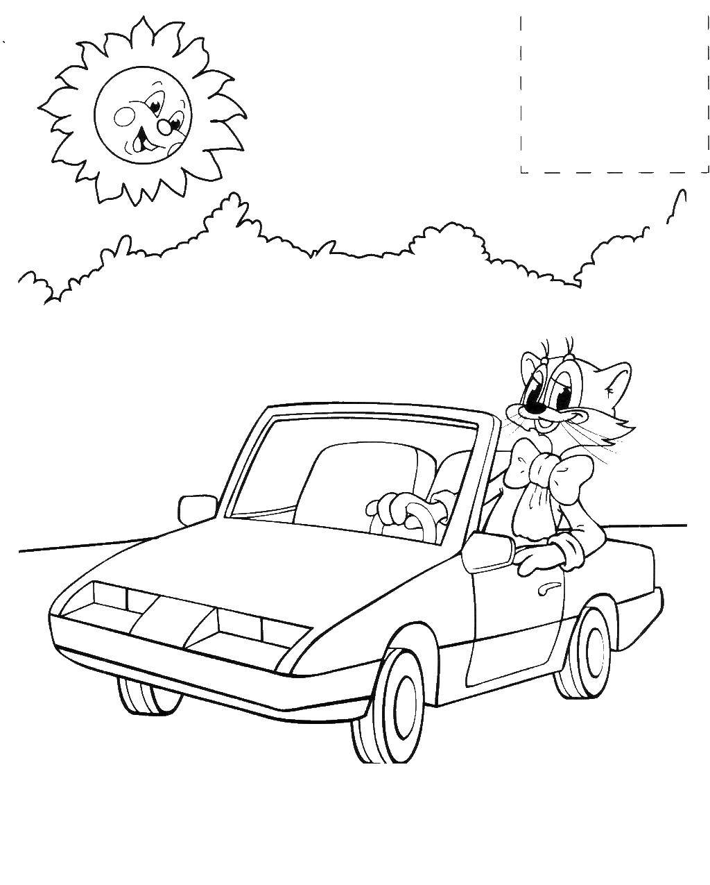 Название: Раскраска Кот леопольд едит на машине. Категория: раскраски кот леопольд. Теги: Кот, леопольд, машина.