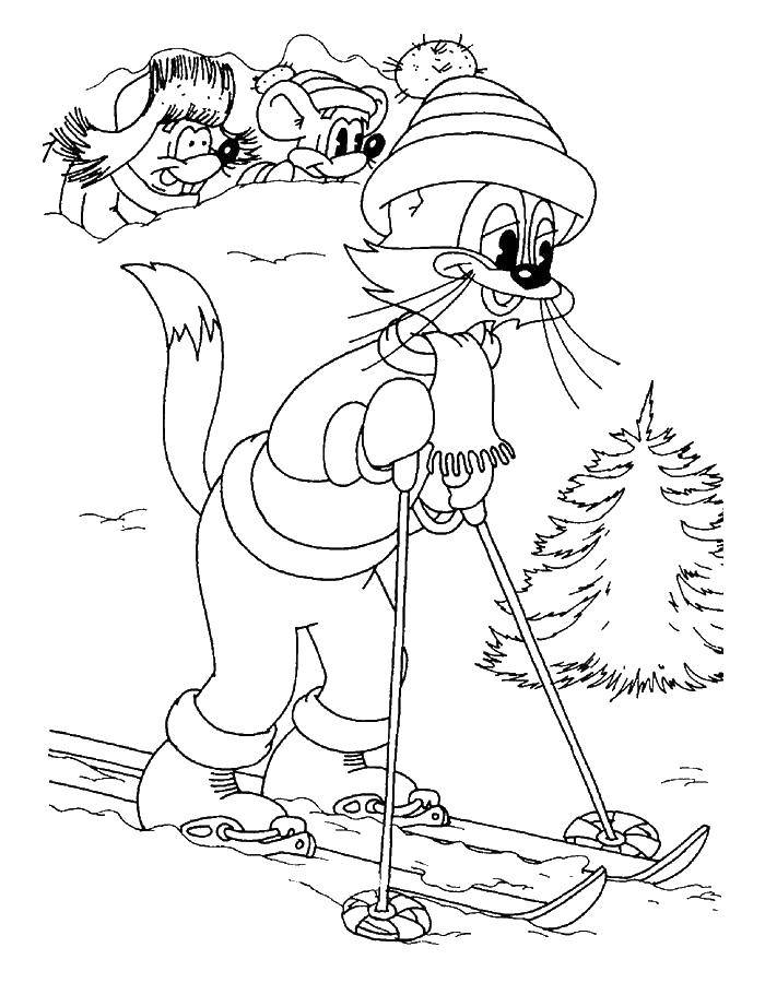 Название: Раскраска Кот леопольд катается на лыжах. Категория: раскраски кот леопольд. Теги: кот леопольд.