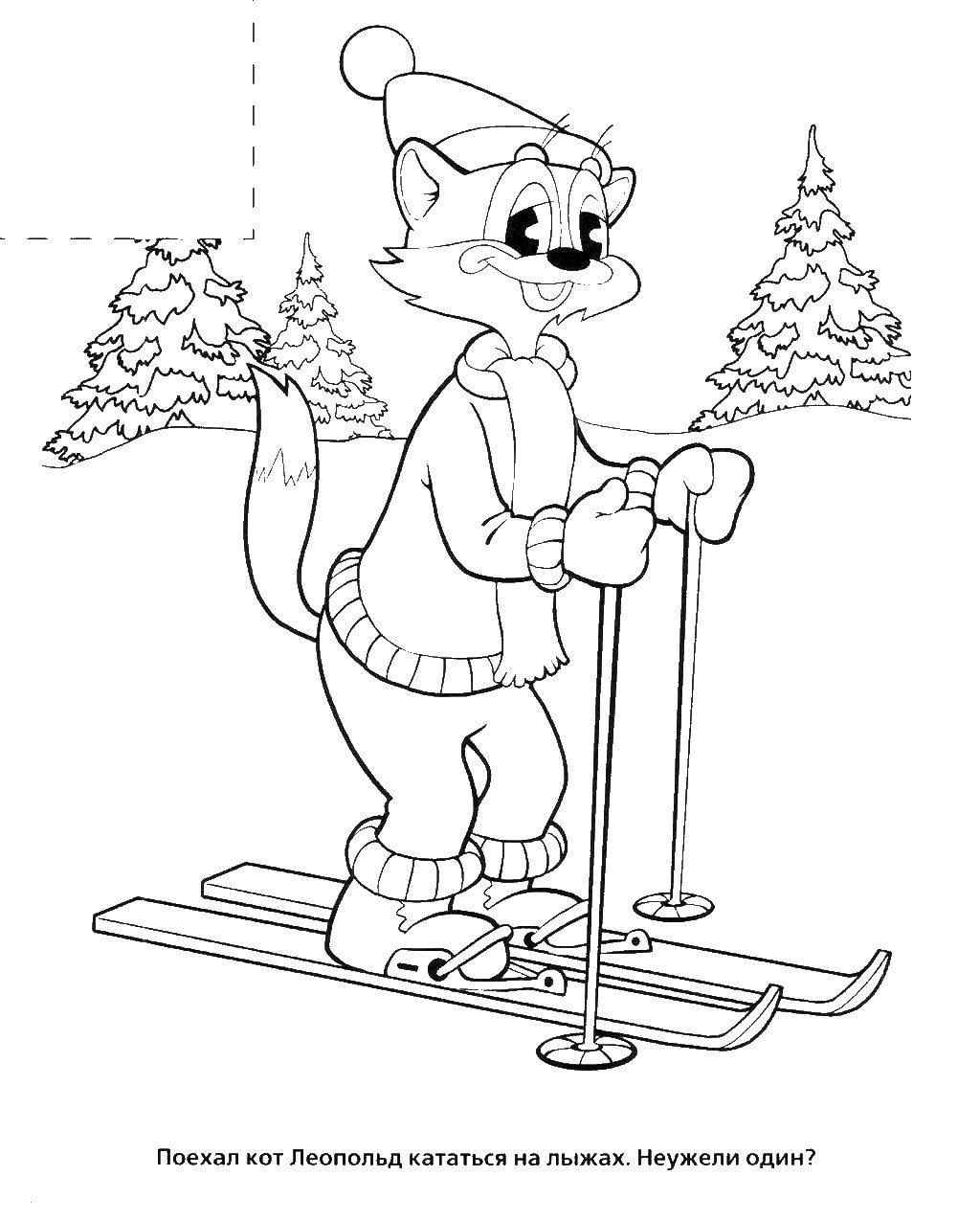 Название: Раскраска Кот леопольд катается на лыжах. Категория: раскраски кот леопольд. Теги: Кот, леопольд.