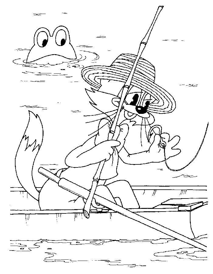 Название: Раскраска Кот леопольд рыбачит. Категория: раскраски кот леопольд. Теги: Персонаж из мультфильма, Кот Леопольд, мышки.