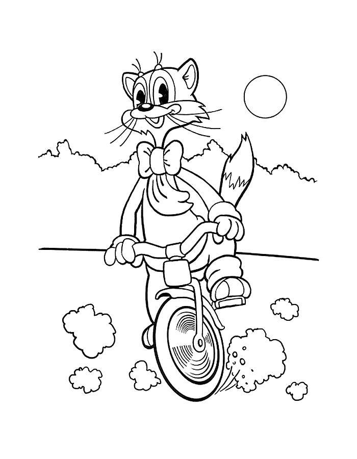 Название: Раскраска Леопольд на велосипеде. Категория: раскраски кот леопольд. Теги: Персонаж из мультфильма, Кот Леопольд, мышки.