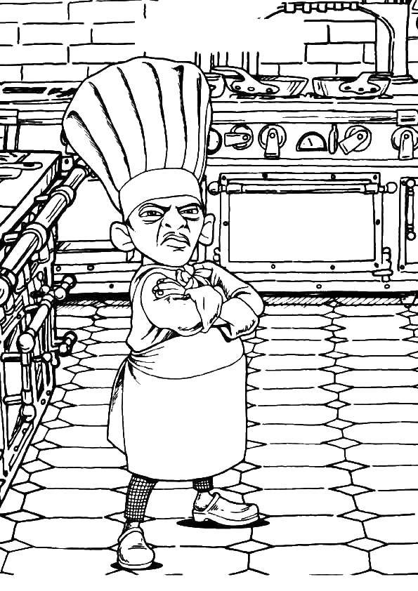 Coloring The chef in the kitchen. Category dishes. Tags:  cook, kitchen.