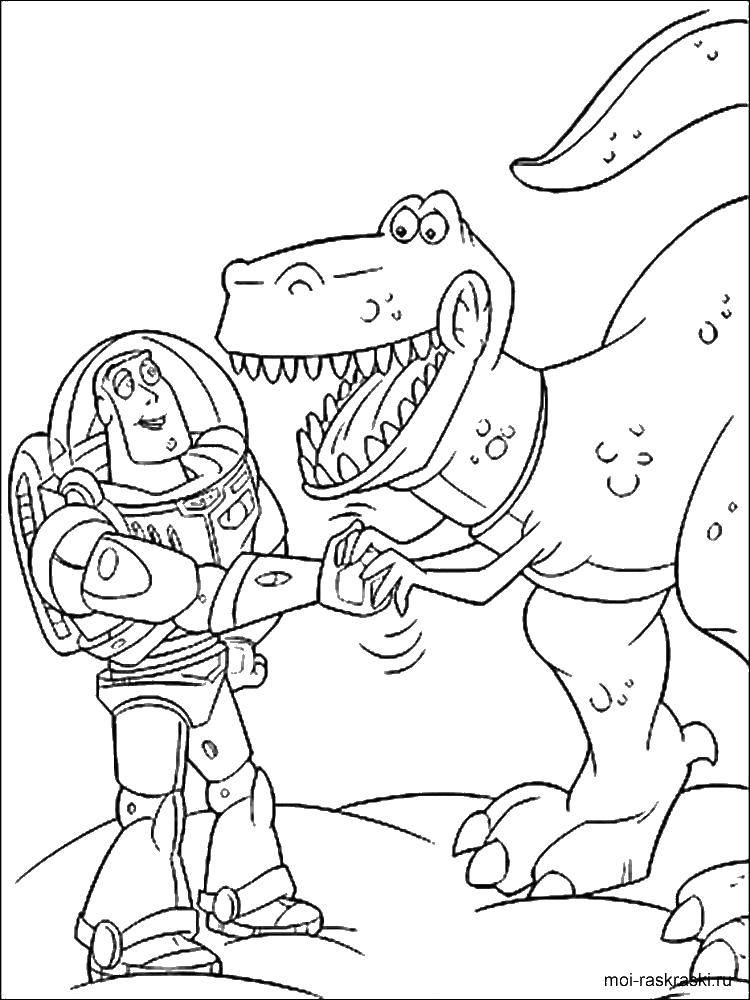 Название: Раскраска Базз лайтер и динозавр рекс. Категория: история игрушек. Теги: Базз Лайтер, игрушки.