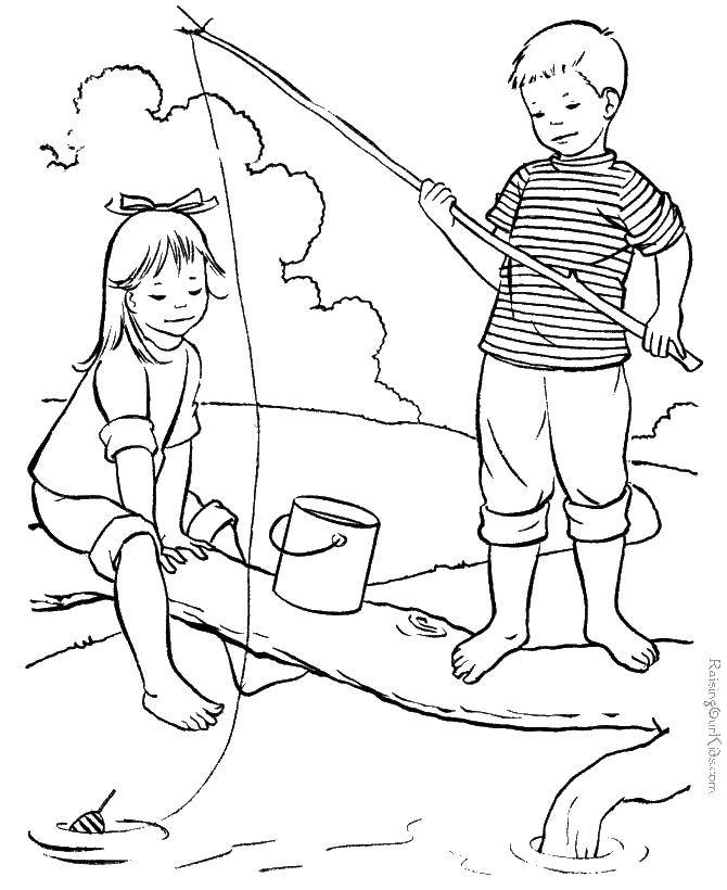 Название: Раскраска Дети ловят рыбу. Категория: Люди. Теги: дети, рыба.