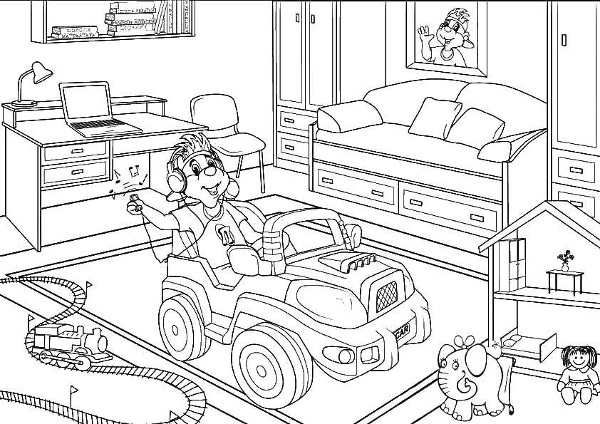 Coloring Boy playing in the room. Category People. Tags:  children, toys.