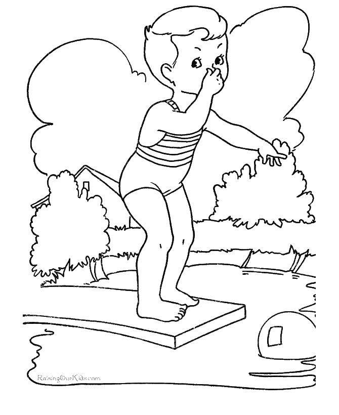 Название: Раскраска Мальчик прыгает  воду. Категория: Люди. Теги: мальчик, вода.