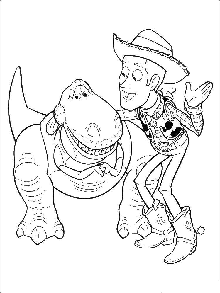 Название: Раскраска Вуди с динозаврам рекс. Категория: история игрушек. Теги: Вуди, игрушки.