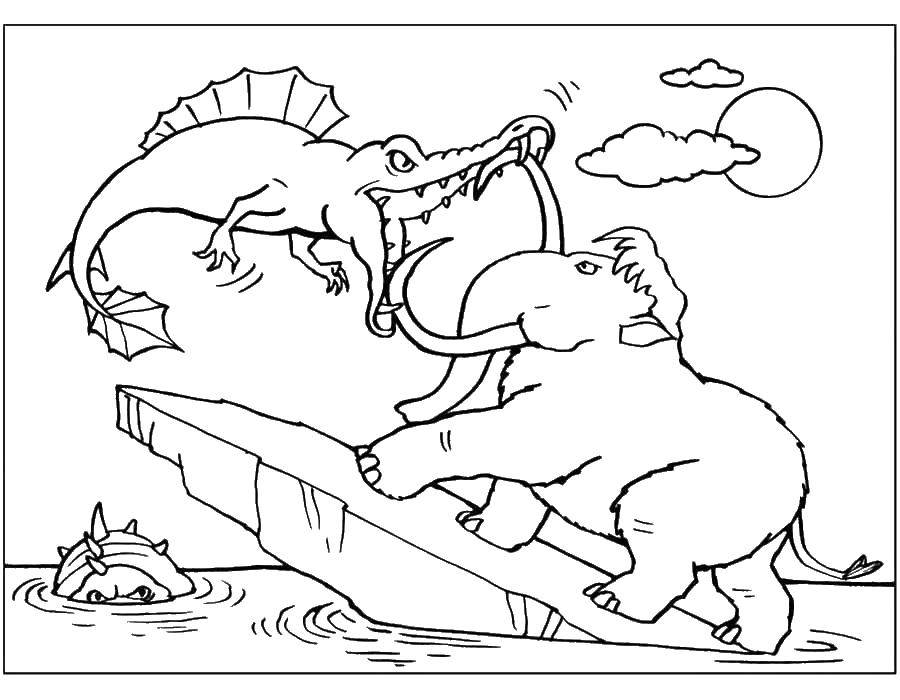 Coloring Manny and crocodiles. Category ice age. Tags:  Glacial period, cartoon.