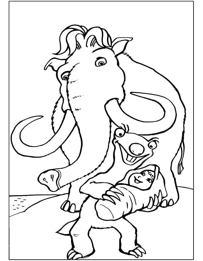 Coloring Manny and sid find the baby. Category ice age. Tags:  Glacial period, cartoon.