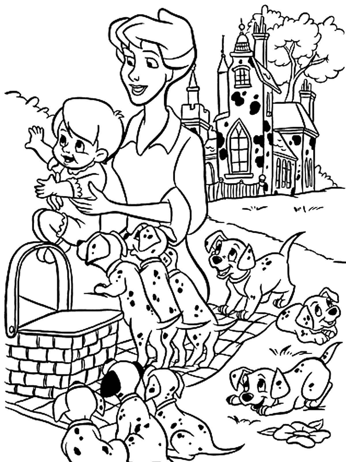 Опис: розмальовки  Далматинці на пікніку. Категорія: 101 далматинець. Теги:  101, далматинці.