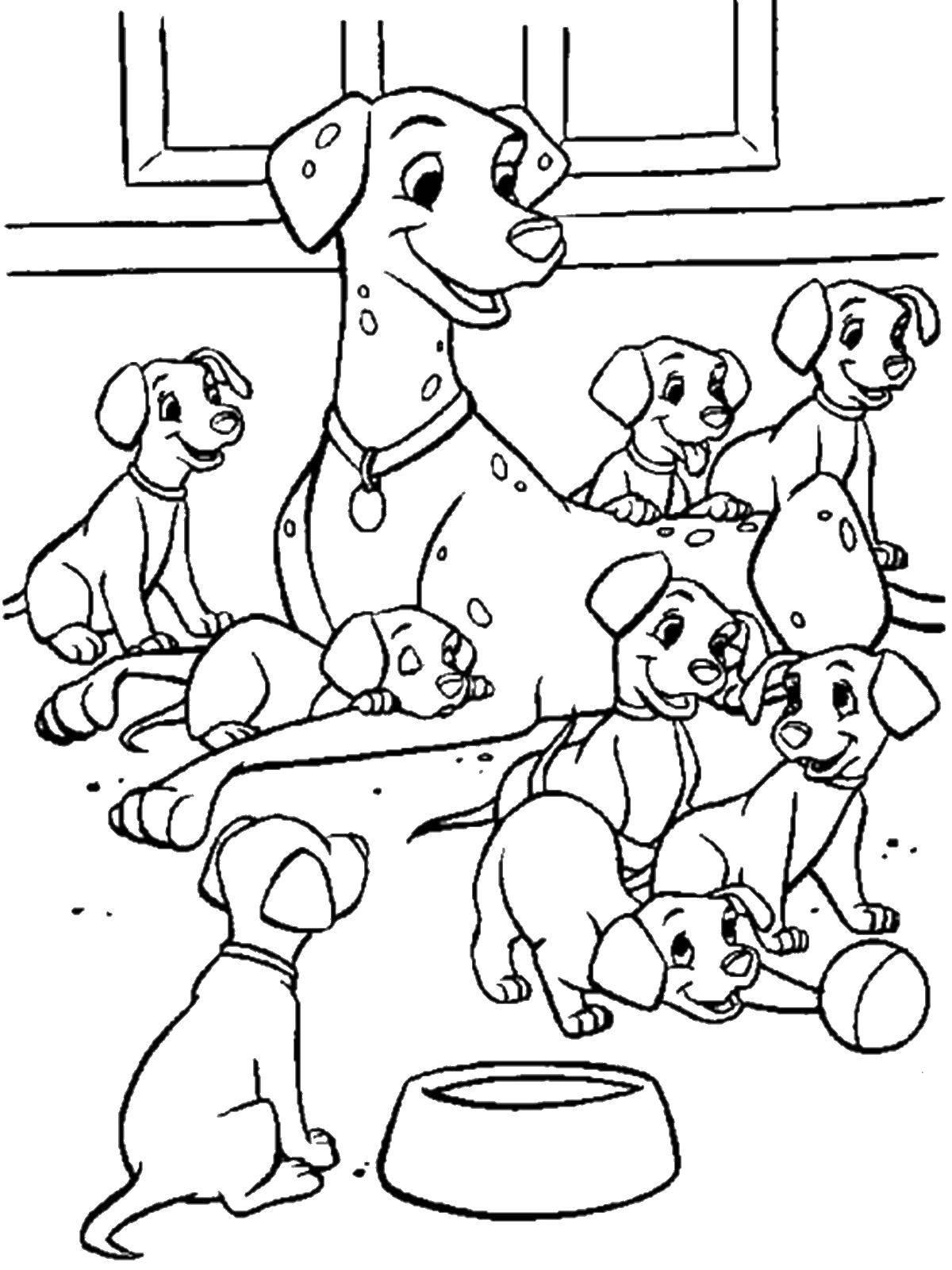 Опис: розмальовки  Малюки граються біля мами. Категорія: 101 далматинець. Теги:  101 далматинець, Дісней, мультфільм.