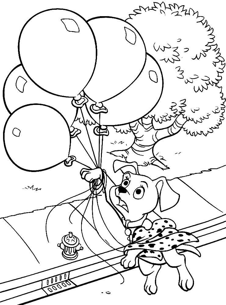 Название: Раскраска Далматинец летит с шариками. Категория: 101 далматинец. Теги: 101, далматинцы.