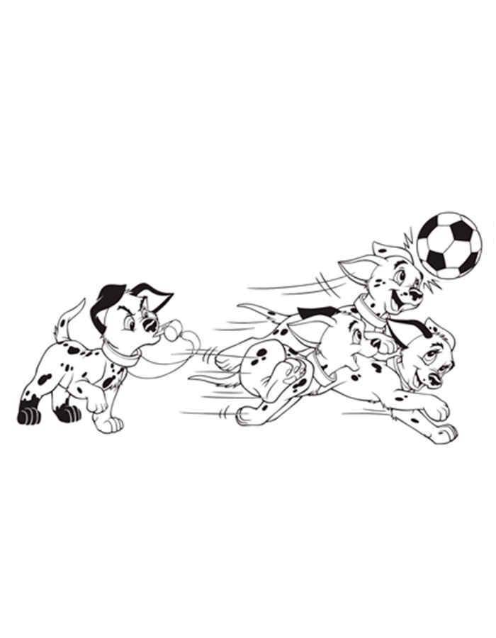 Название: Раскраска Далматинцы играют в футбол. Категория: 101 далматинец. Теги: 101 далматинец, Дисней, мультфильм.