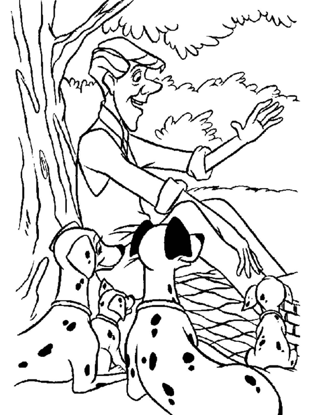 Название: Раскраска Далматинцы с хозяином. Категория: 101 далматинец. Теги: 101 далматинец, Дисней, мультфильм.