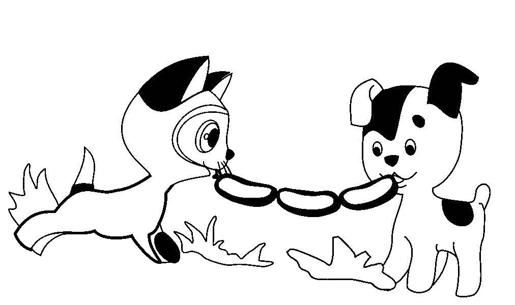 Опис: розмальовки  Кошеня гав і кулька їдять сосиську. Категорія: кошеня гав. Теги:  кошеня гав, кулька.
