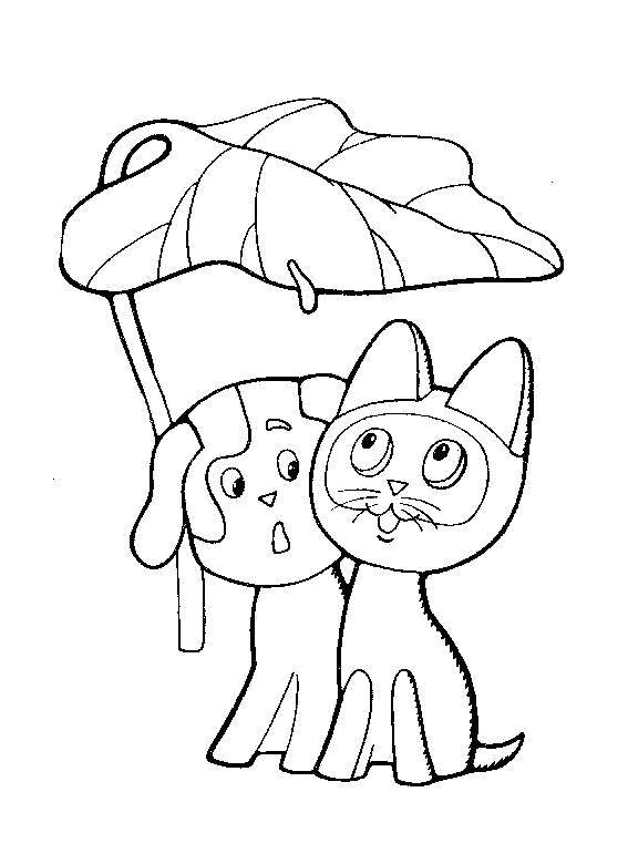 Coloring Kitten named woof and a ball hiding under the leaf. Category kitten Gav. Tags:  Cartoon character, kitten named woof .