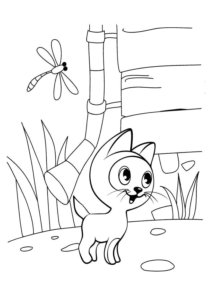 Coloring Kitten named woof and dragonfly. Category kitten Gav. Tags:  Cartoon character, kitten named woof .