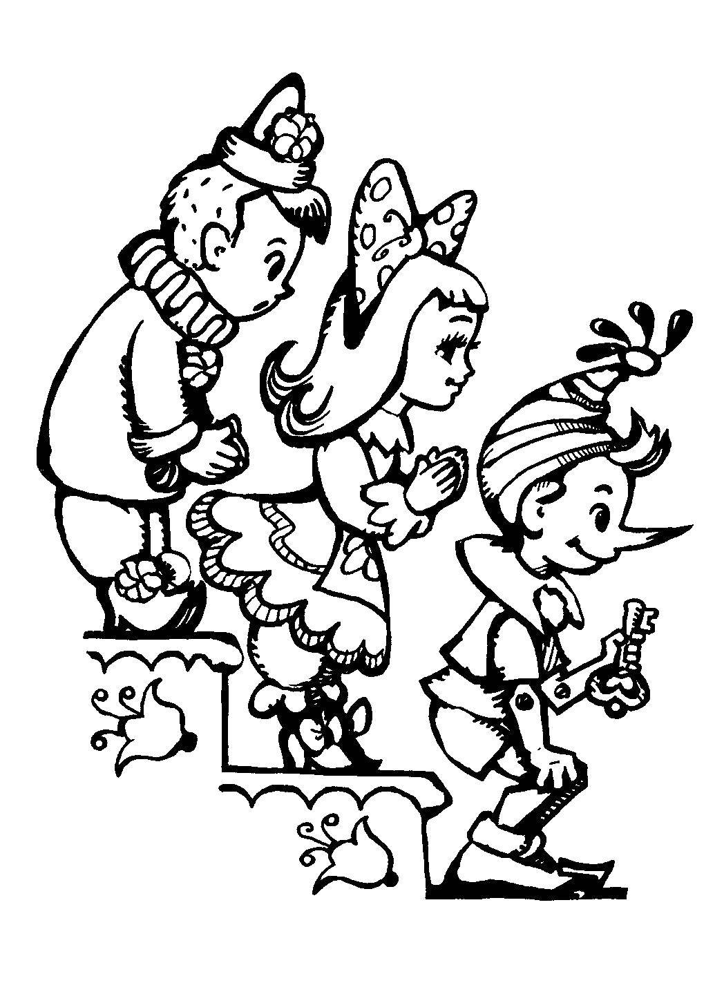Coloring Pinocchio, Malvina and Pierrot. Category Golden key. Tags:  Pinocchio , Golden Key, cartoon.