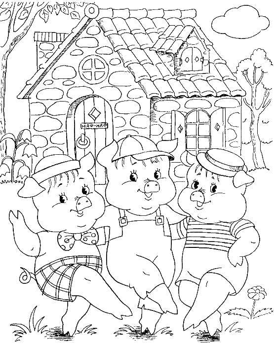 Coloring Three little pigs happy. Category baby. Tags:  Fairy tales , Three little pigs .