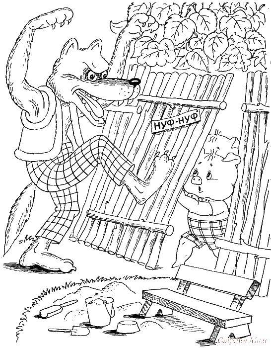 Coloring The wolf tries to enter the house to the nub nufu. Category baby. Tags:  Fairy tales , Three little pigs .