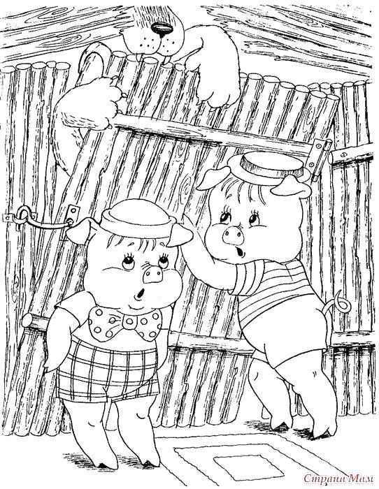 Coloring The wolf tries to enter the house to the pigs. Category baby. Tags:  Fairy tales , Three little pigs .