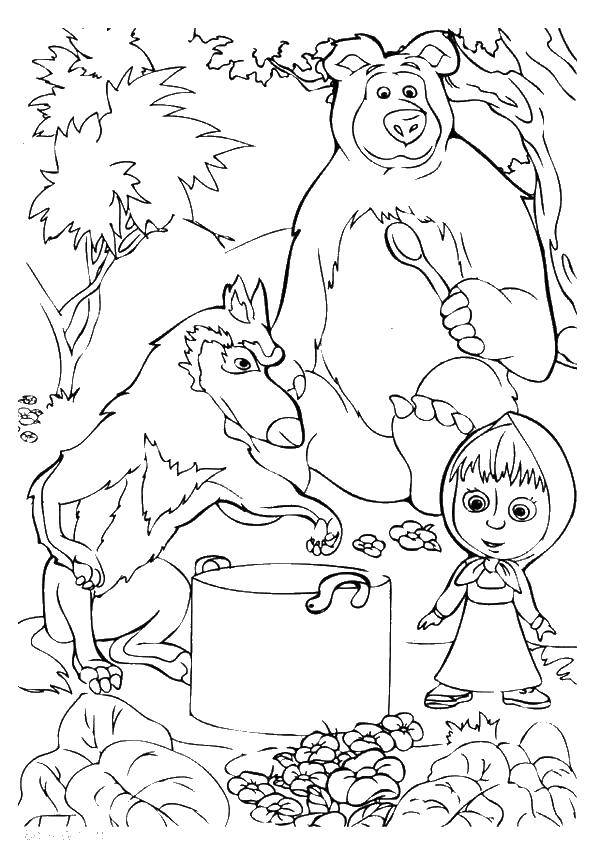 Розмальовки  Маша і ведмідь їдять кашу. Завантажити розмальовку Маша, Ведмідь.  Роздрукувати ,маша і ведмідь,