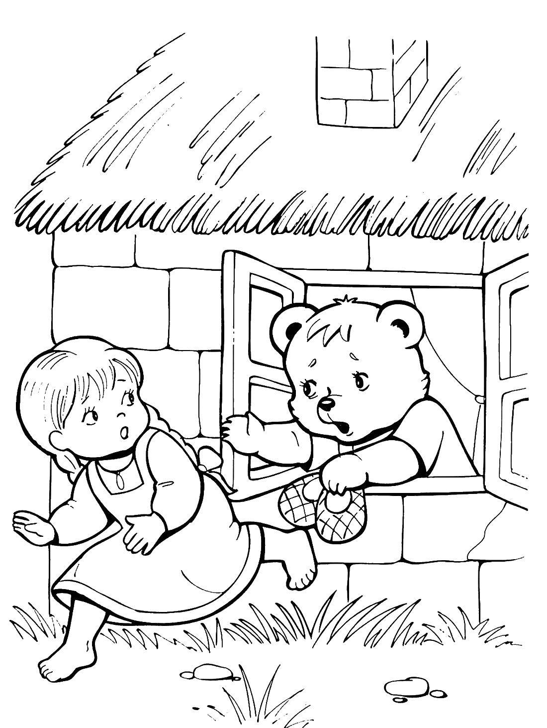 Название: Раскраска Девочка убегает от медведя. Категория: три медведя. Теги: три медведя.